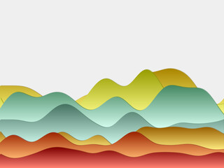 Abstract mountains background with curved layers in bright contrasting colors. Papercut style hills in a vector illustration.