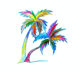 Fototapeta na wymiar Two colorful palm trees on a white background