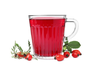 Aromatic rose hip tea and fresh berries on white background
