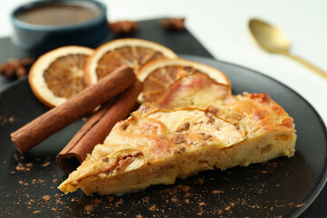 Concept of tasty food with apple pie on white background