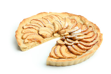 Sliced apple pie isolated on white background