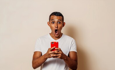 fun latin american man in shock holding a mobile phone.