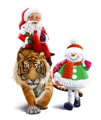 Santa Claus riding a tiger and his assistant the Snowman - 468147808