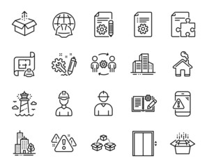 Vector set of Send box, Strategy and Global engineering line icons set. Warning, Engineering and Engineer icons. Lighthouse, Foreman and Lift signs. Send box web symbol. Vector