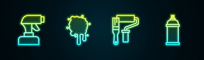 Set line Paint spray gun, roller brush and can. Glowing neon icon. Vector