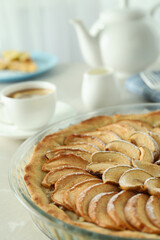 Concept of tasty food with apple pie on textured table