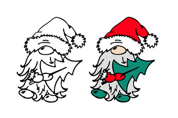Illustration with a cute Christmas gnome holding a Christmas tree in his hands. Coloring book for children. Silhouette