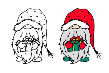Illustration with a cute Christmas gnome with gift. Coloring book for children. Silhouette