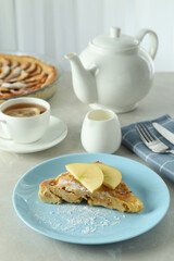 Concept of tasty food with apple pie on textured table