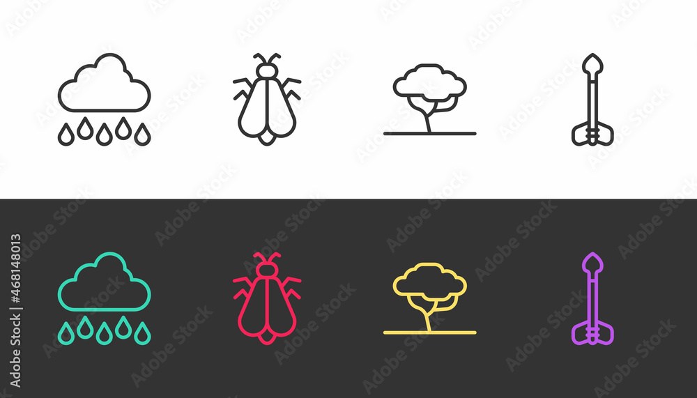 Wall mural set line cloud with rain, mosquito, african tree and arrow on black and white. vector