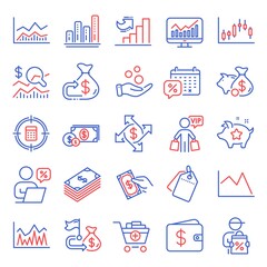 Finance icons set. Included icon as Payment exchange, Dollar, Check investment signs. Donation money, Trade infochart, Cashback symbols. Piggy bank, Growth chart, Sale tags. Graph chart. Vector
