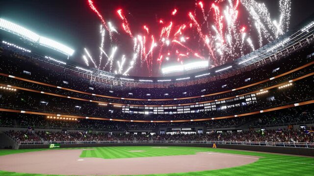Colorful firework show on baseball park arena final championship major league with animated fan crowd. High quality 4k footage
