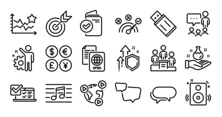 Verification document, Ranking stars and Chemistry lab line icons set. Secure shield and Money currency exchange. Target, Correct answer and Business podium icons. Vector