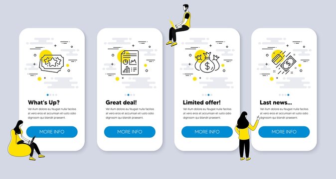 Vector Set of Finance icons related to Check investment, Report document and Loyalty points icons. UI phone app screens with people. Payment line symbols. Vector