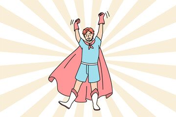 Happy Caucasian boy kid in superhero costume raise arms celebrate win or victory in game. Smiling guy in super hero clothing in winner pose. Success, achievement. Flat vector illustration. 