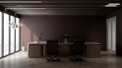 modern business office manager room with 3d design interior for company wall logo mockup