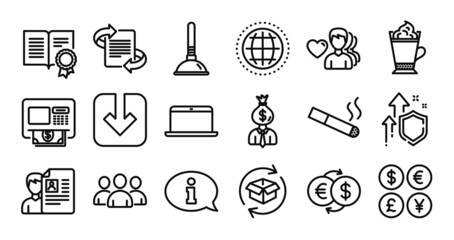 Money exchange, Return parcel and Smoking line icons set. Secure shield and Money currency exchange. Information, Latte coffee and Man love icons. Diploma, Manager and Plunger signs. Vector