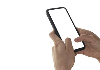 The layout of the phone. Hand touching smartphone on a white background, copy space.