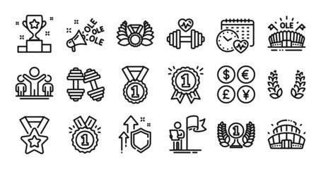 Reward, Dumbbell and Winner cup line icons set. Secure shield and Money currency exchange. Winner, Approved and Leadership icons. Sports arena, Laureate award and Arena stadium signs. Vector