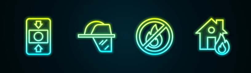 Set line Fire alarm system, Firefighter helmet, No fire and in burning house. Glowing neon icon. Vector