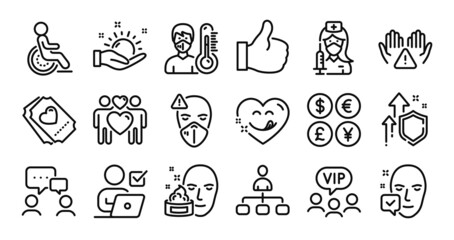 Love couple, Thermometer and Love ticket line icons set. Secure shield and Money currency exchange. Sunny weather, Disability and Like icons. Clean hands, Medical mask and Management signs. Vector