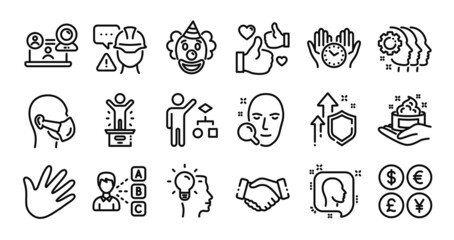 Head, Handshake and Like line icons set. Secure shield and Money currency exchange. Face search, Hand and Opinion icons. Idea, Safe time and Employees teamwork signs. Vector