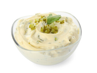 Tartar sauce in glass bowl isolated on white
