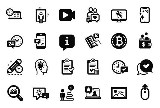 Vector Set of Technology icons related to Dating chat, Approved and Select alarm icons. Online test, Online rating and Swipe up signs. Elevator, Smartphone clean and Credit card. Idea lamp. Vector