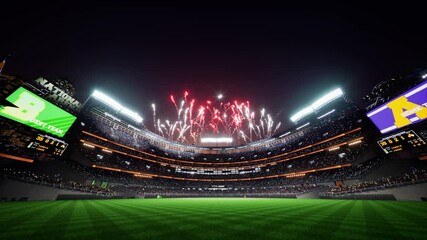 Colorful firework show on baseball park arena final championship major league with animated fan crowd. High quality 4k footage