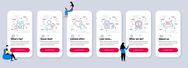 Set of Business icons, such as Refer friend, Family questions, Hold heart icons. UI phone app screens with teamwork. Wallet money, Reward, 360 degrees line symbols. Vector