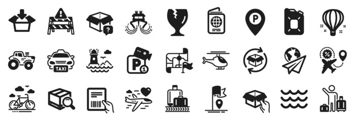Set of Transportation icons, such as Ship, Canister oil, Lighthouse icons. Taxi, Helicopter, Search package signs. Air balloon, Return parcel, Parking. Fragile package, Destination flag. Vector