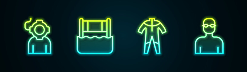 Set line Aqualung, Water volleyball net, Wetsuit for scuba diving and Swimmer. Glowing neon icon. Vector