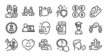 Fototapeta na wymiar Question button, Thermometer and Messenger mail line icons set. Secure shield and Money currency exchange. Blood donation, Headhunting and Online education icons. Vector