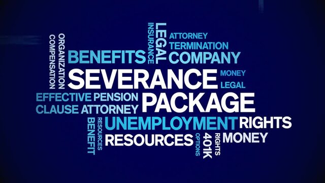 Severance Package Animated tag word cloud;text design animation kinetic typography seamless loop.