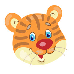 Cute happy tiger cub face. In cartoon style. Isolated on white background. Vector flat illustration.