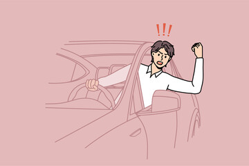 Aggressive man driver scream and shout beep in car on road. Mad male honk in horn swear and yell stuck in traffic jam. Transportation, driving problem concept. Flat vector illustration. 