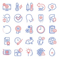 Science icons set. Included icon as Idea, Recovery data, 5g technology signs. World weather, Energy, Cough symbols. Freezing, Medical prescription, Face protection. Animal tested, Gpu. Vector