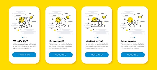 Vector set of Computer fan, Carousels and Settings gear line icons set. UI phone app screens with line icons. 360 degree icon. Pc ventilator, Attraction park, Technology process. Vector
