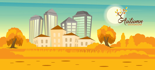 Rural autumn landscape with city