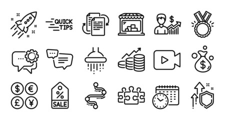 Business growth, Honor and Money bag line icons set. Secure shield and Money currency exchange. Timeline, Education and Calendar time icons. Video camera, Market and Text message signs. Vector