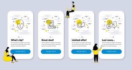 Vector Set of Business icons related to Health skin, Paint brush and Medical prescription icons. UI phone app screens with people. Support chat line symbols. Vector