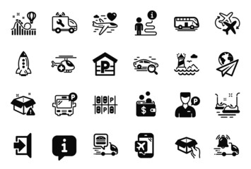 Vector Set of Transportation icons related to Parking, Rocket and Car service icons. Bus tour, Lighthouse and Delivery notification signs. Valet servant, Roller coaster and Paper plane. Vector