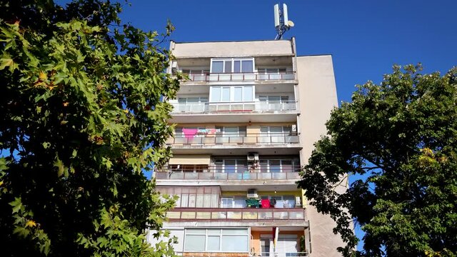 Old apartment building in Kavarna town on Black Sea coast in Bulgaria, 4k video
