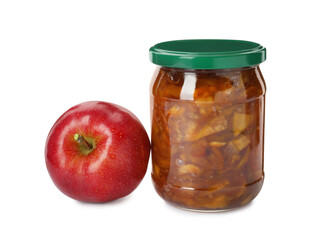 Tasty apple jam in glass jar and fresh fruit on white background
