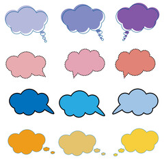 Set of blank colorful speech bubbles, frame talk, chatbox, speak balloon, thinking balloons, border frame, thought on white background