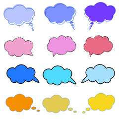 Set of blank colorful speech bubbles, frame talk, chatbox, speak balloon, thinking balloons, border frame, thought on white background
