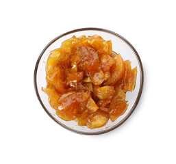 Tasty apple jam in bowl isolated on white, top view
