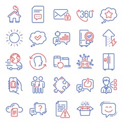 Technology icons set. Included icon as Loyalty star, Home, Face id signs. Comments, Third party, Delivery service symbols. Smile face, Recovery devices, Seo statistics. Puzzle options. Vector