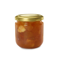 Tasty apple jam in glass jar isolated on white