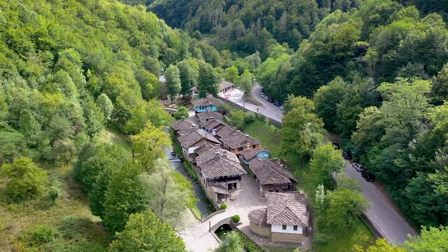 Drone aerial 4k video of Etar open air architectural and ethnographic museum in Bulgaria